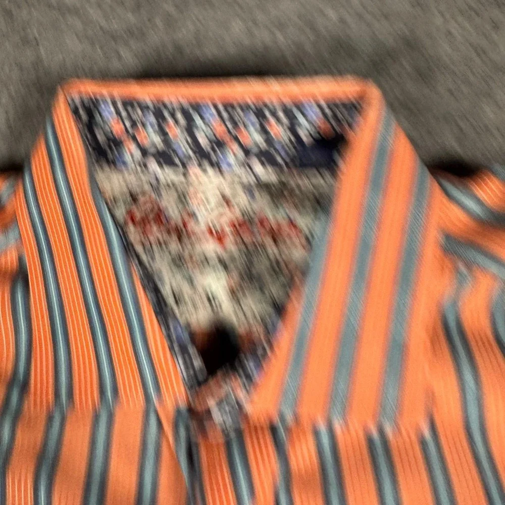 Robert Graham Mens XL Orange Blue‎ Striped Long Sleeve Button Down Floral Trim